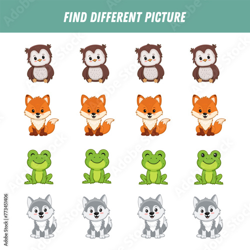 Find different animals in each row. Logical game for kids. Cartoon owl, fox, frog, wolf.  Vector
