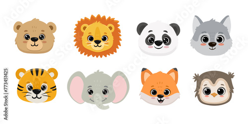 set of funny cartoon animals. Flat cute animals. Doodle illustration of panda head  lion  koala bear  elephant  hippo tiger  fox wolf and owl for cards  magazins  banners. Vector 