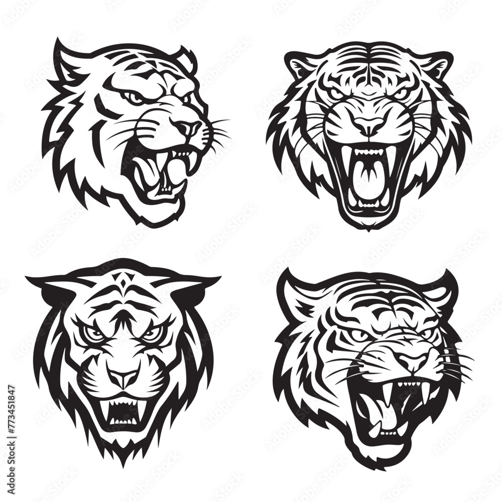 Set of tiger heads with open mouth and bared fangs, with different angry expressions of the muzzle. Symbols for tattoo, emblem or logo, isolated on a white background.