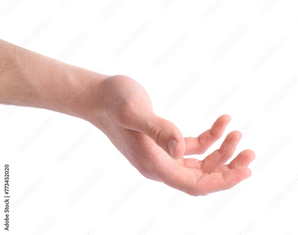Man holding hand on white background, closeup Man holding hand on white background, closeup