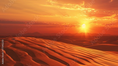 In the Sahara, sand dunes stretch out under the setting sun, casting long shadows as wispy clouds drift by, painting the sky in hues of yellow to red. 