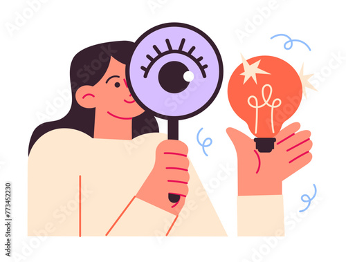 Woman is looking at the idea through a magnifying glass