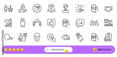 Dont touch, Cursor and App settings line icons for web app. Pack of Handshake, Buyer, Yummy smile pictogram icons. Vip clients, Touchscreen gesture, Breathing exercise signs. Search bar. Vector