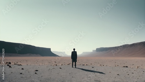 Silhouette of alone man standing in desert landscape, back view.