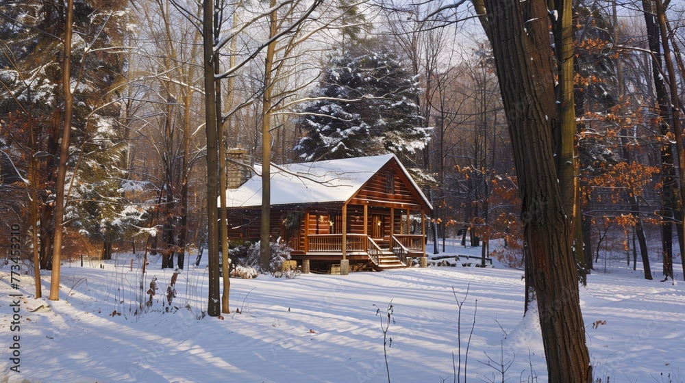 a log cabin in the woods with snow on the ground and trees around it