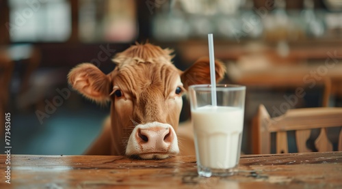 A cow is standing in front of a glass of milk