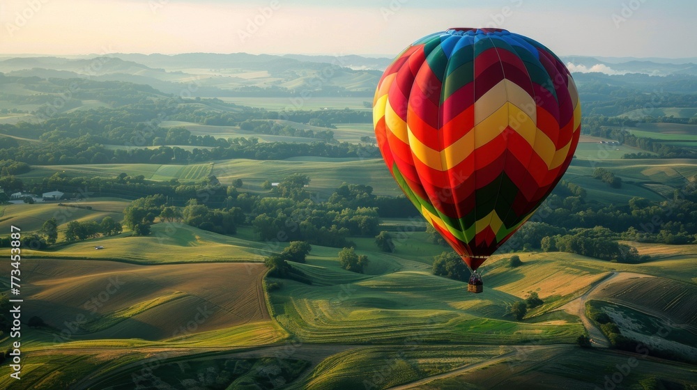 Obraz premium A colorful hot air balloon ride over patchwork fields and rolling hills.