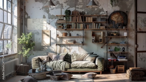 The interior of a messy living room featuring shelf units and a sofa near a light wall, reflecting a lived-in and cozy atmosphere