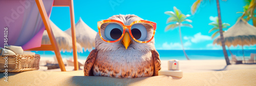Banner with Owl on the beach. Cute cartoon bird in sunglasses rests on a tropical island against the backdrop of palm trees and the ocean. Summer, vacation, travel concept.