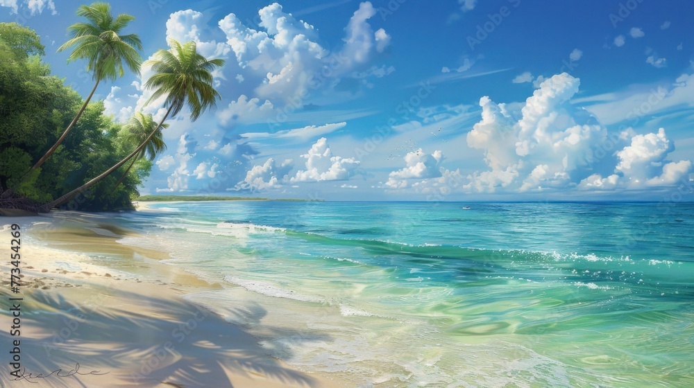 A serene beachscape with crystal-clear waters and palm trees swaying gently in the breeze.