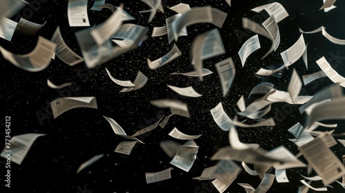 A dynamic scene of many flying business documents isolated on a black background, capturing the chaos and movement of paperwork in motion photo