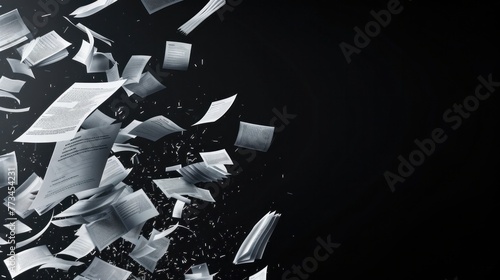 A dynamic scene of many flying business documents isolated on a black background, capturing the chaos and movement of paperwork in motion photo