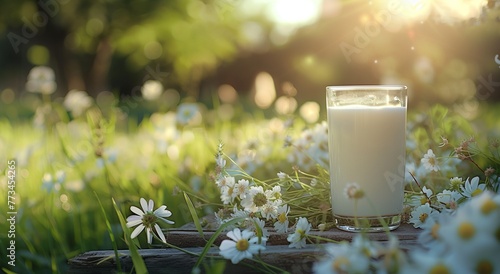 A glass of milk next to a bunch of daisies. The scene is peaceful and serene.