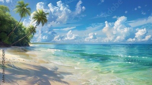 A serene beachscape with crystal-clear waters and palm trees swaying gently in the breeze.
