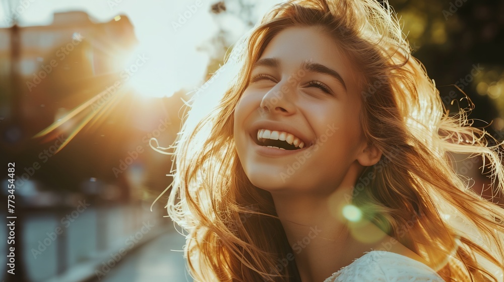 a woman smiling and looking up at the sun in the background a woman smiling and looking up at the sun in the background