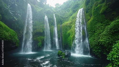 An adventurous jungle trek through lush greenery and cascading waterfalls.