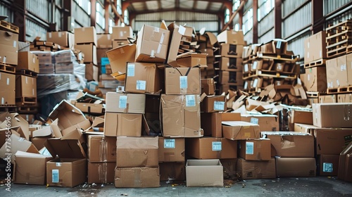 A warehouse scene filled with stacks of cartons neatly piled on the ground, illustrating storage and organization
