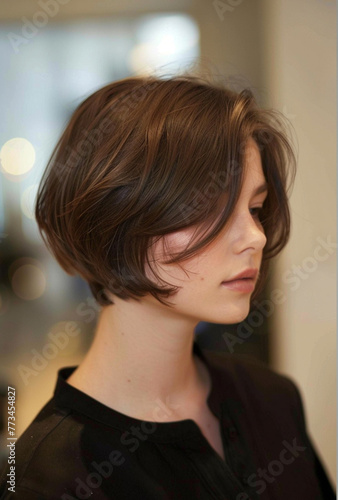 Hairstyle is a short, soft-looking black hair. Short haircut style, model woman