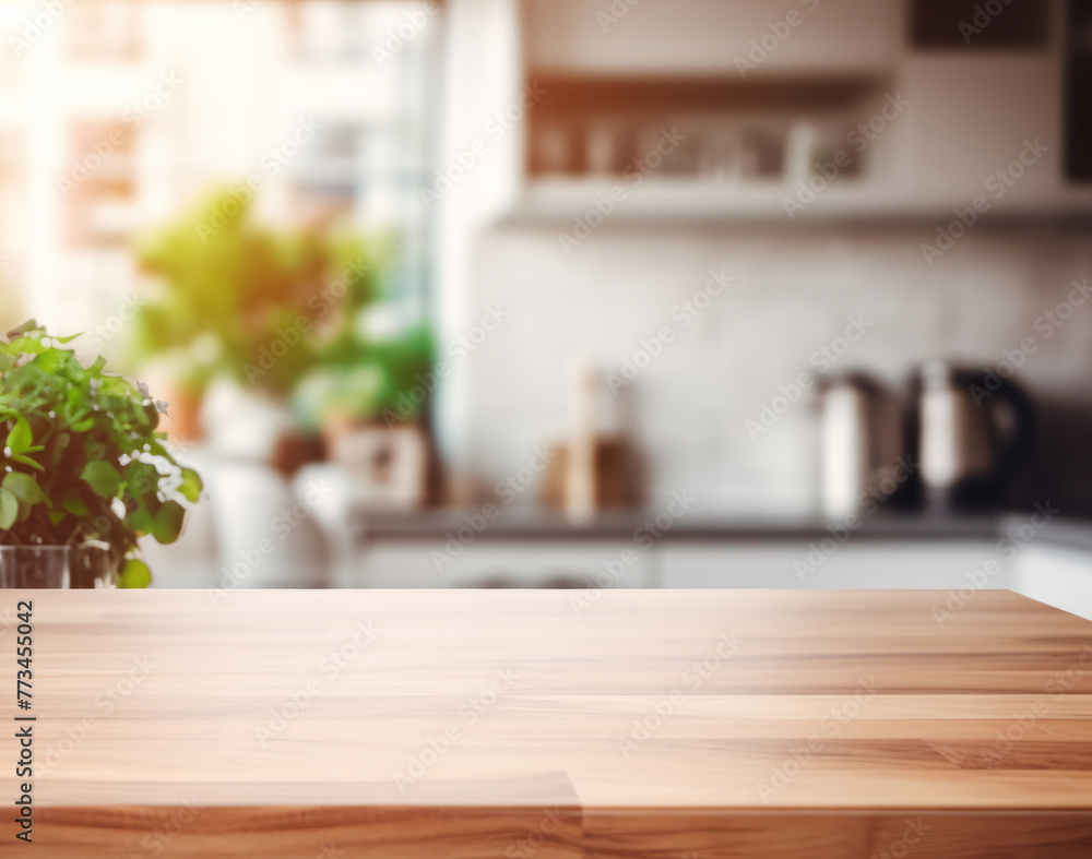 an empty countertop against the blurred background of a modern kitchen. mockup, a display for your product.