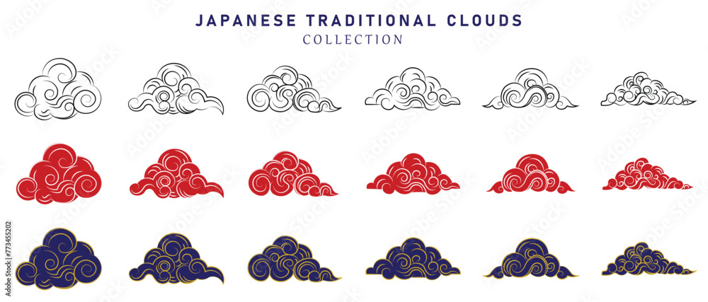 vector set of clouds in traditional japanese or chinese style, design elements, cloud icons collection - obrazy, fototapety, plakaty 