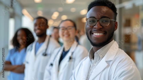 A professional African American doctor with his medical team. Multiethnic Medical Care © Yulia