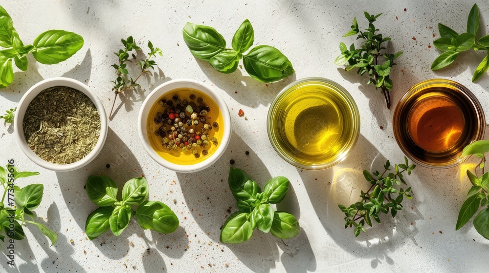 Plantbased ingredients like herbs and spices displayed in bowls on a table Plantbased ingredients like herbs and spices displayed in bowls on a table