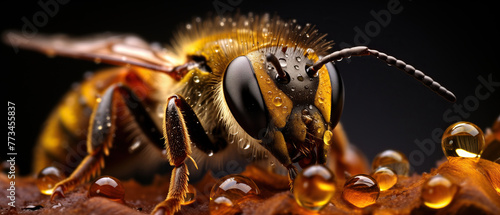 A bee glistens with dew droplets, showcasing the beauty of nature up close in extreme macro photography