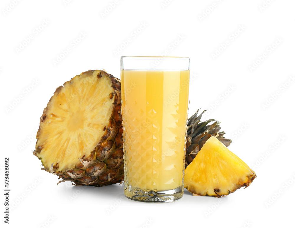 Glass of sweet pineapple juice with fruit slices on white background - obrazy, fototapety, plakaty 