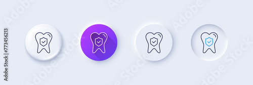 Dental insurance line icon. Neumorphic, Purple gradient, 3d pin buttons. Oral medicine risk coverage sign. Teeth care symbol. Line icons. Neumorphic buttons with outline signs. Vector
