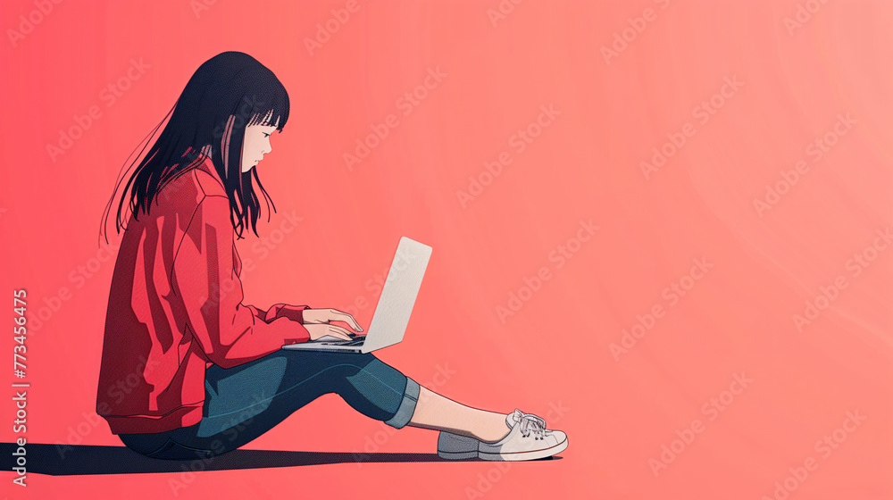 woman using anime style laptop, copy space woman using anime style laptop, copy space