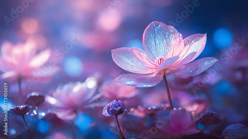 Abstract fantasy pink blue neon tone chrysanthemum flowers  selective focus.