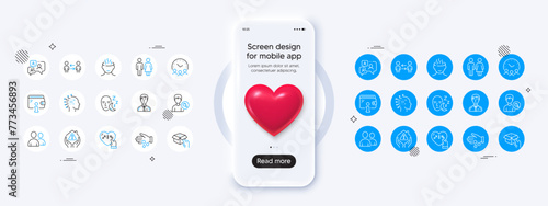 Phone mockup with 3d heart icon. Genders, Donation money and Meeting time line icons. Pack of Wallet, Support chat, Sleep icon. Users, Hold box, Search people pictogram. Vector