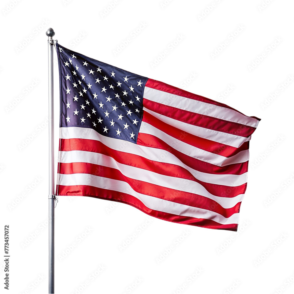 Obraz premium USA flag with stars and stripes waving in the wind, Isolated on transparent background