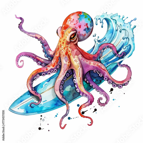 Painting of an octopus surfing 