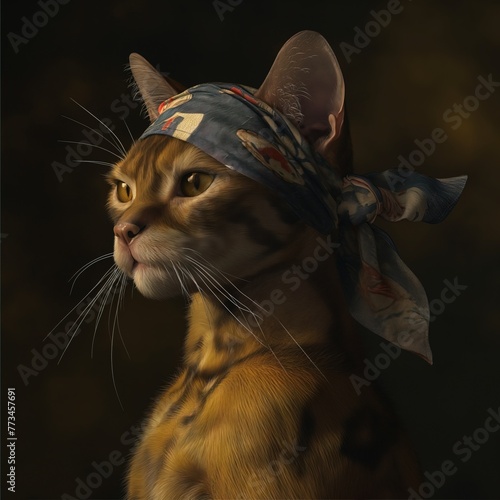 Portrait of a cat. Cat with a bandana on head.