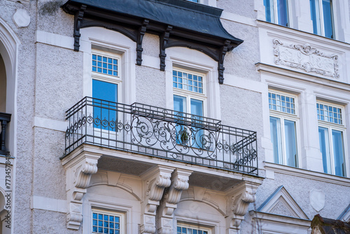 Detail of a balcony on an old house in the city center of Brno, Czech Republic.