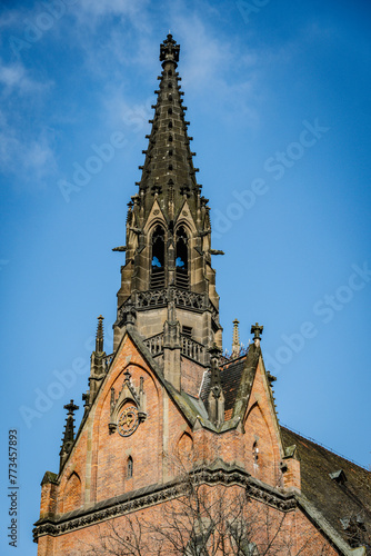 Detail of the tower of the old church in the city center of Brno, Czech Republic.