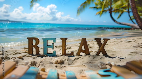 The word "RELAX" in wooden letters on tropical beach, retro style text, sunny calm seacoast background, blue sky with clouds, summer design for beach vacation resort advertising banner with copyspace 