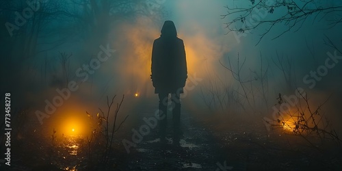 Shadowy figure resembling a skinwalker standing outside in the dark illuminated by torchlight. Concept Horror, supernatural, urban legends, mysterious creatures, skinwalker photo
