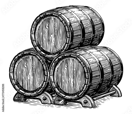Three oak barrels for alcoholic beverages. Wood kegs with wine or beer. Hand drawn engraving style illustration