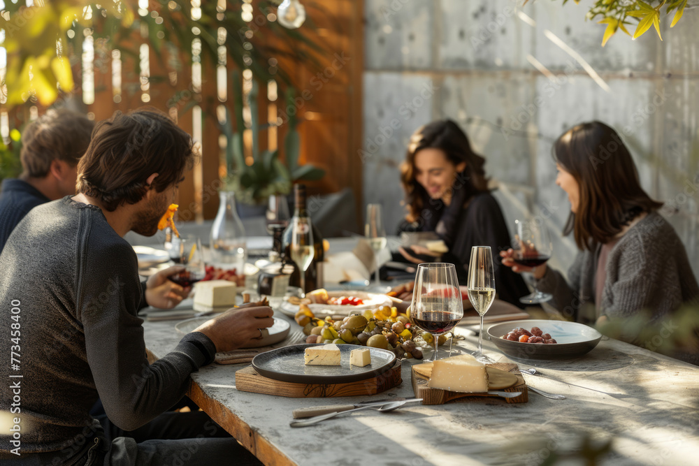 Group of friends eating cheese and drinking wine at a cottage terrace. Generative AI