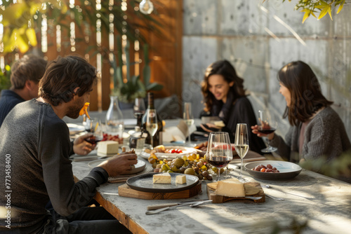 Group of friends eating cheese and drinking wine at a cottage terrace. Generative AI