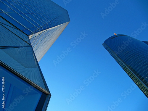 building skyscraper blue architecture business area madrid plaza castilla geometric shapes windows sky
