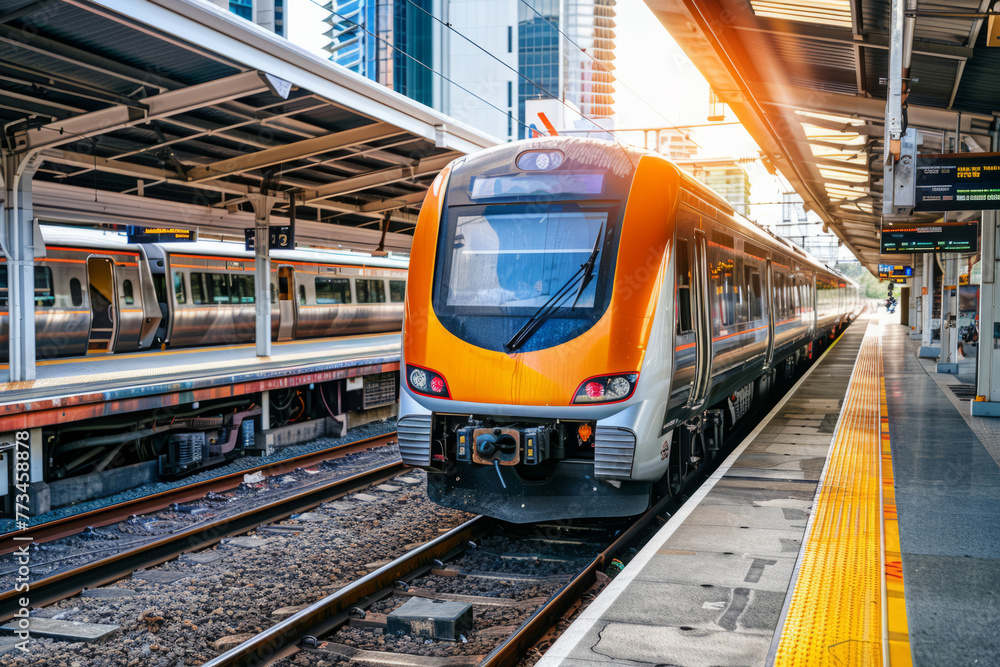 Fototapeta premium Train traveling through a train station next to a platform. Generative AI