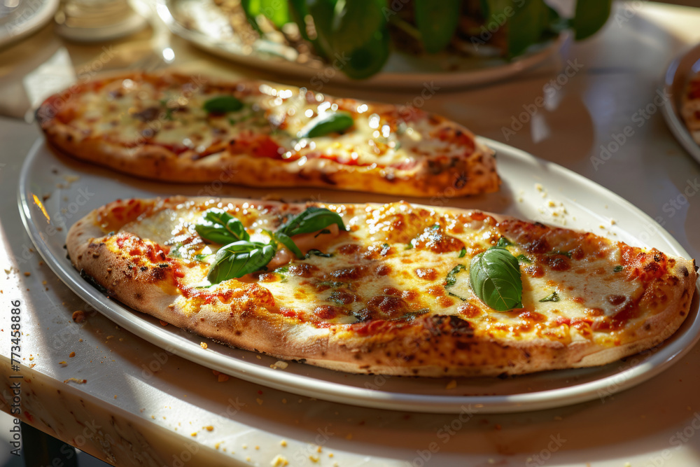 Two oval homemade pizzas on a plate. Generative AI Two oval homemade pizzas on a plate. Generative AI