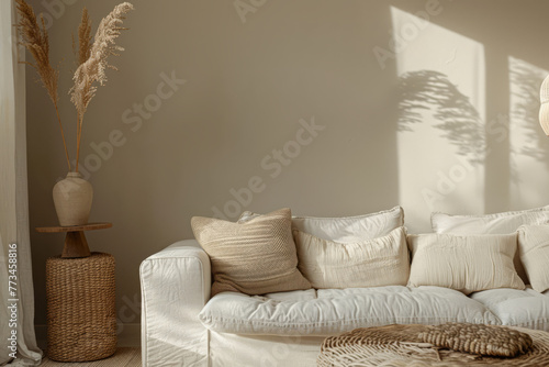 Scandinavian style living room with beige sofa and wooden furniture. Generative AI