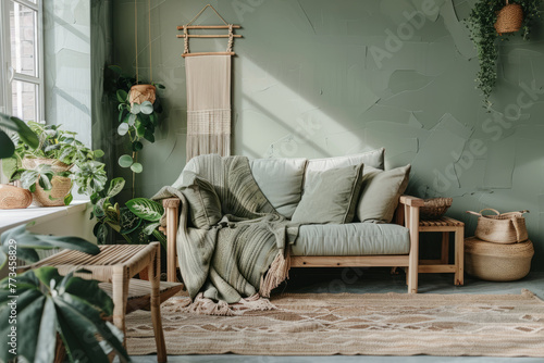 Scandinavian style sage green living room with wooden furniture. Generative AI