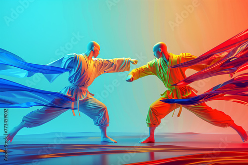 Mix martial art digital portrait, Ethereal wrestling concept Art, eye catching surreal boxing people surround by vibrant and abstract colors, Creative fantasy fighting MMA figures wallpaper concept © Ishra