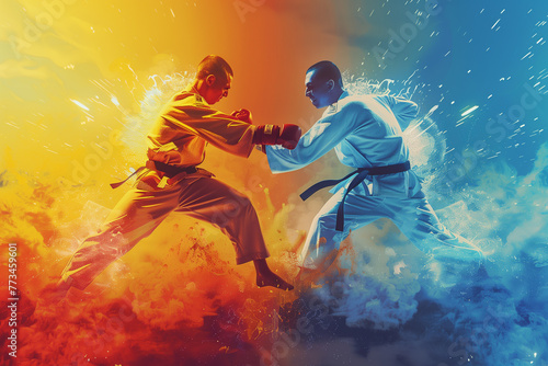 Mix martial art digital portrait, Ethereal wrestling concept Art, eye catching surreal boxing people surround by vibrant and abstract colors, Creative fantasy fighting MMA figures wallpaper concept