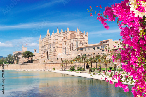 old cathedral and embankment in Palma de Majorca capital of Majorca, Spain, Balearic islands with flowers